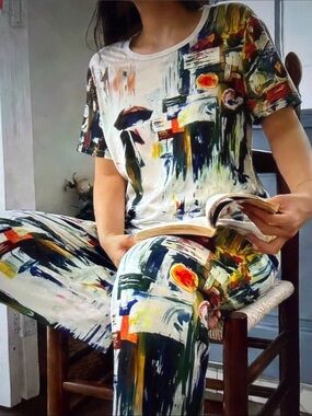 Abstract Brushstroke Print Women's lounge set - Multicolor